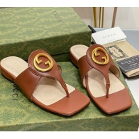 Charming Gucci Blondie Flat Slide Thong Sandals in Leather with Interlocking G Brown 427037