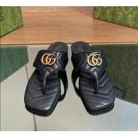 Top Design Gucci Double G Flat Thong Slide Sandals in Chevron Leather Black 427053