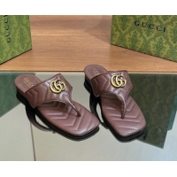 Popular Style Gucci Double G Flat Thong Slide Sandals in Chevron Leather Dark Brown 427058