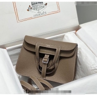 Buy Grade Hermes Halzan 25cm Bag in Togo Calfskin Leather and Lambskin H7080 Elephant Grey/Silver (Half Handmade)