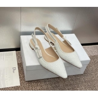 Best Grade Dior J'Adior Slingback Ballet Flat in Embroidered Cotton and White Resin Pearls 0506060