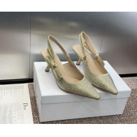 Stylish Dior J'Adior Slingback Pumps 6.5cm in Yellow Gold-Tone Cotton Embroidered with Metallic Thread and Strass 506062