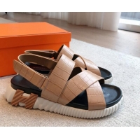 Good Quality Hermes Electric Sandals in Stone Embossed Calfskin Nude 326095