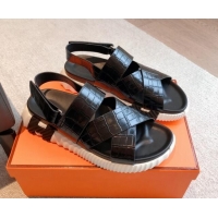 Buy Luxury Hermes Electric Sandals in Stone Embossed Calfskin Black 326098