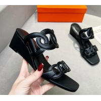 Low Price Hermes Gaby Leather Wedge Slide Sandals 5.5cm All Black 326124