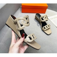 Luxurious Hermes Gaby Leather Wedge Slide Sandals 5.5cm Beige 326126