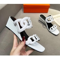Top Design Hermes Gaby Leather Wedge Slide Sandals 5.5cm White/Black 326130