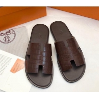 Fashion Hermes Men's Classic Izmir Flat Slide Sandals in Crocodile Embossed Leather Brown 327014