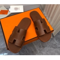 Shop Duplicate Hermes Men's Classic Izmir Flat Slide Sandals in Calfskin with Stitching Brown 327027