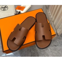 Top Grade Hermes Men's Classic Izmir Flat Slide Sandals in Smooth Leather Brown 327029