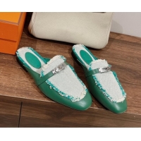 Best Grade Hermes OZ Mules in Smooth Calfskin and Canvas Green 041805