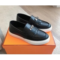 Top Grade Hermes Game Calfskin Slip-on Sneakers with Kelly Buckle and Fringe Black 425101