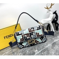 Shop Discount Fendi Baguette Medium Bag in Multicolor Canvas bag with FF Embroidery 0523 Blue 2024