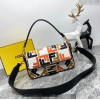 Top Quality Fendi Baguette Medium Bag in Multicolor Canvas bag with FF Embroidery F0523 Orange 2024