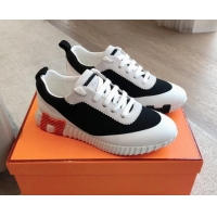 Stylish Hermes Bouncing Sneakers in Satin Knit and Suede Black/White/Orange 425122