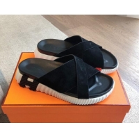 Low Cost Hermes Infra Slide Sandals in Suede Black 425146