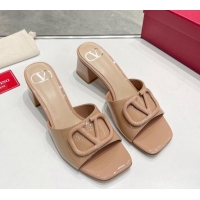 Classic Hot Valentino VLogo Heel Slide Sandals 6cm in Patent Calfskin Dark Nude 327169