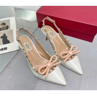 Top Design Valentino Rockstud Slingback Pumps 6.5cm with Bow in Patent Calfskin White 328014