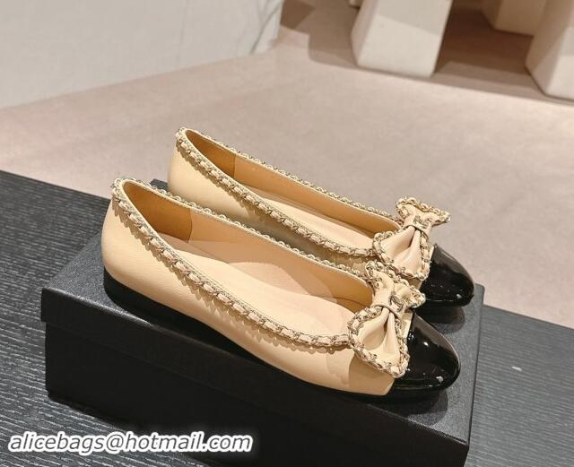 Good Quality Chanel Calfskin Ballerina Flat with Chain and Bow Beige
